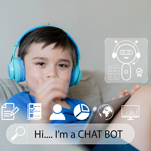 Technology Education concept,School kid holding tablet and wearing headphones tacking or listening to a chatbot for homework,Boy using system AI Chatbot on Mobile application for research on internet