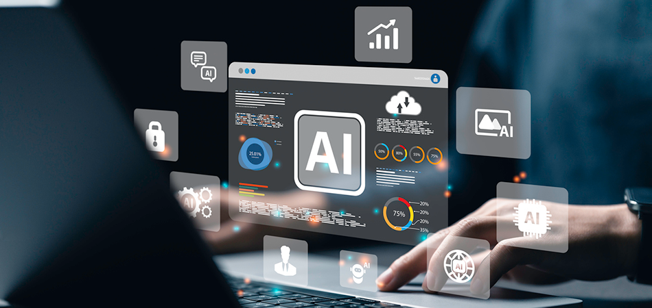 A data analyst using technology AI for working tool for data analysis Chatbot Chat with AI, using technology smart robot AI, artificial intelligence to generate something or Help solve work problems