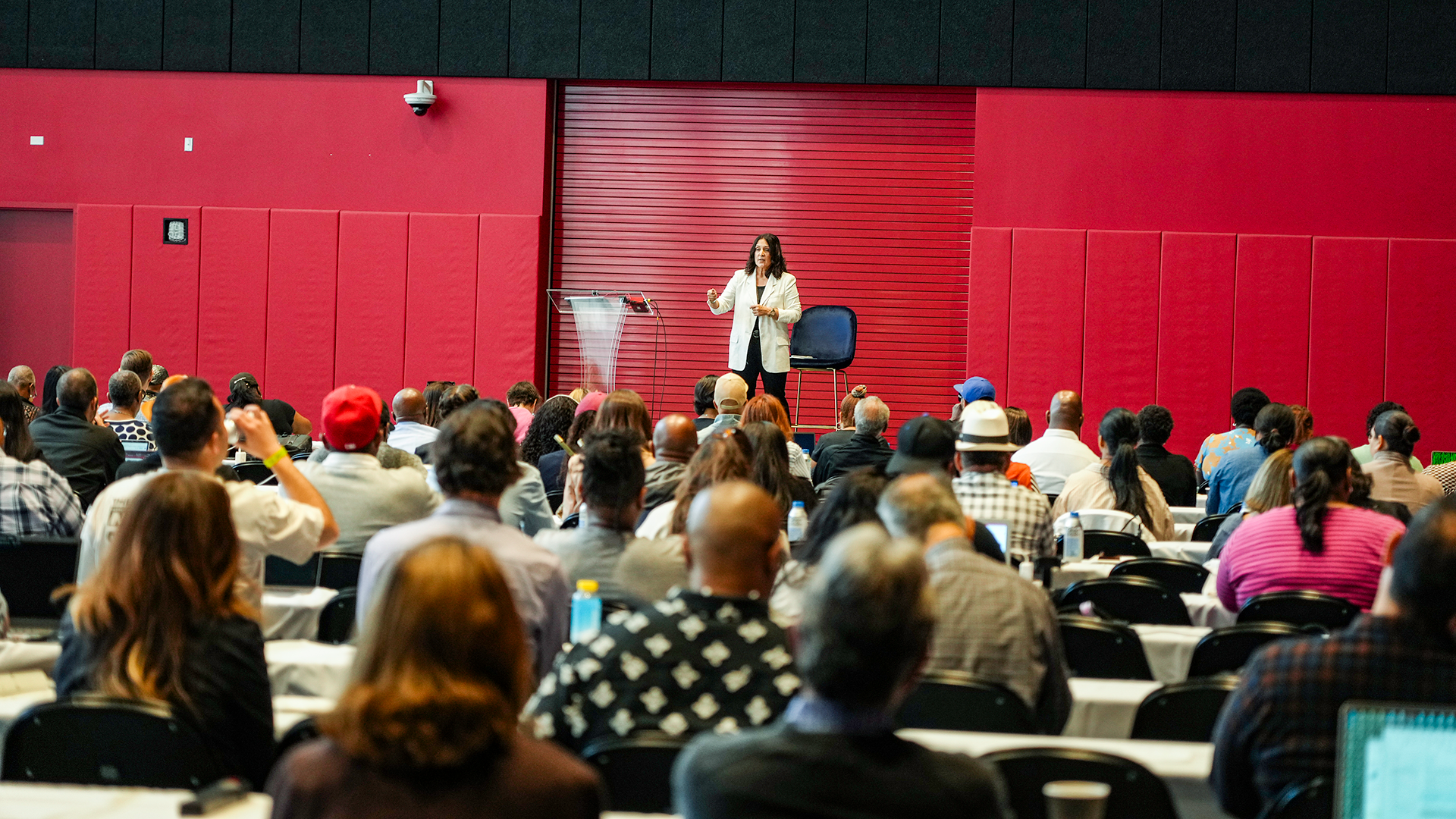 Susan Gonzales on stage at an event.