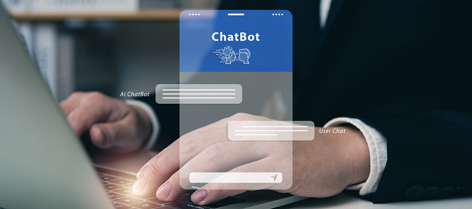 ChatBot with AI tech concept, businessman using laptop connecting to AI, smart robot, enter command prompt for generate idea, prompt engineering, futuristic technology transformation, solve problem.