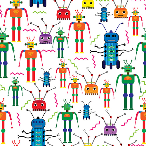 Colorful robots design seamless pattern white background:  1448341484